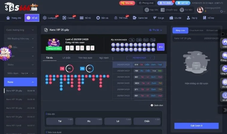 Giao diện chơi game nhanh Keno Tại S666